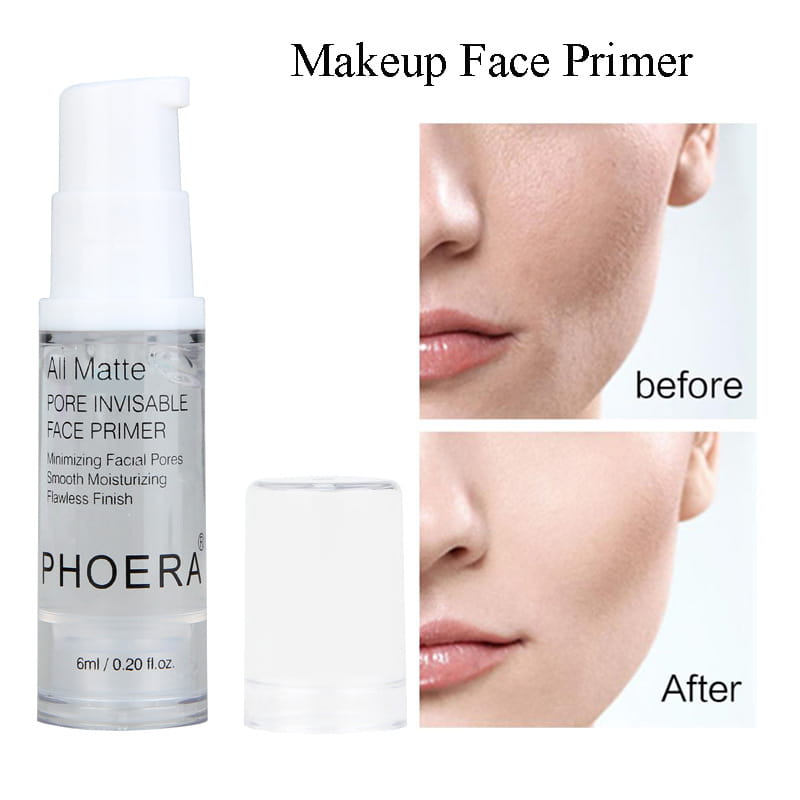 Clear glass bottle with white pump dispenser containing transparent liquid labeled phoera all matte pore invisible face primer 6ml.