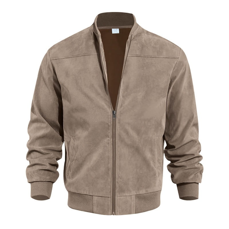 Men suede casual retro jacket in tan suede featuring a full-length zipper and ribbed cuffs.