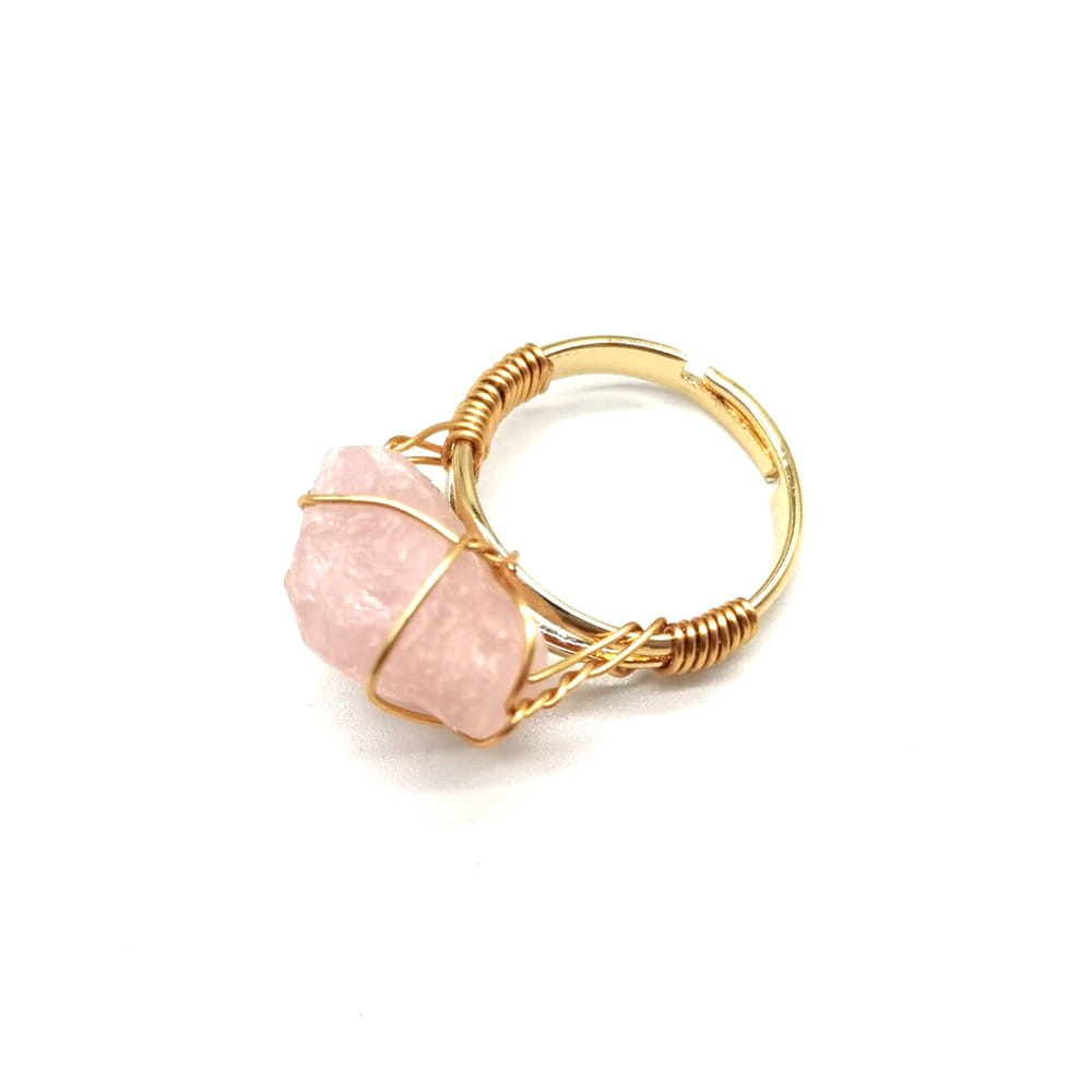 Handcrafted raw gemstone gold wire wrapped adjustable ring featuring a delicate gold wire wrap with a natural faceted pink rose quartz stone.