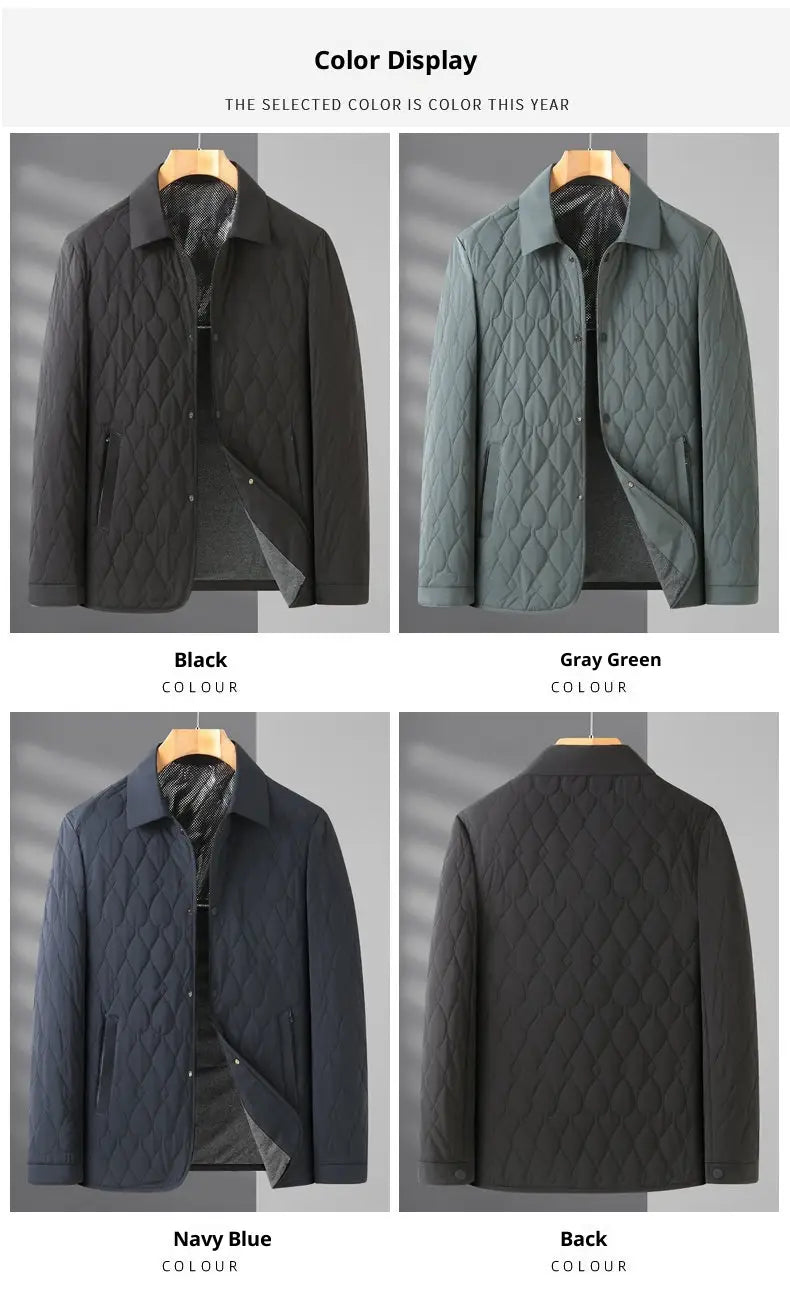Leichte gesteppte Businessjacke im Diamantgitter-Mantelstil für Herren, erhältlich in Schwarz, Grau-Grün, Dunkelblau und Hellblau-Farben.
