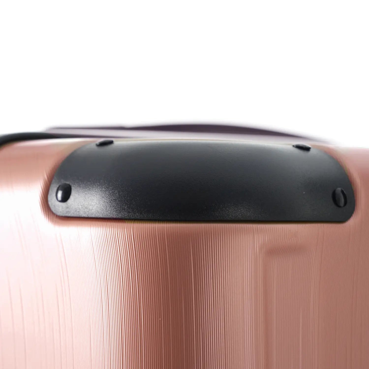 Rose gold 28 inch expandable hardshell spinner suitcase with a black reinforced top panel.