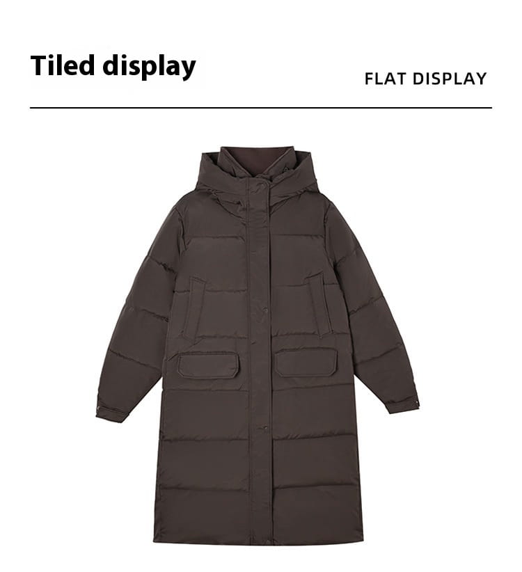 Manteau long matelassé à capuche pour femmes en brun foncé, avec un design matelassé, plusieurs poches avant et une capuche
