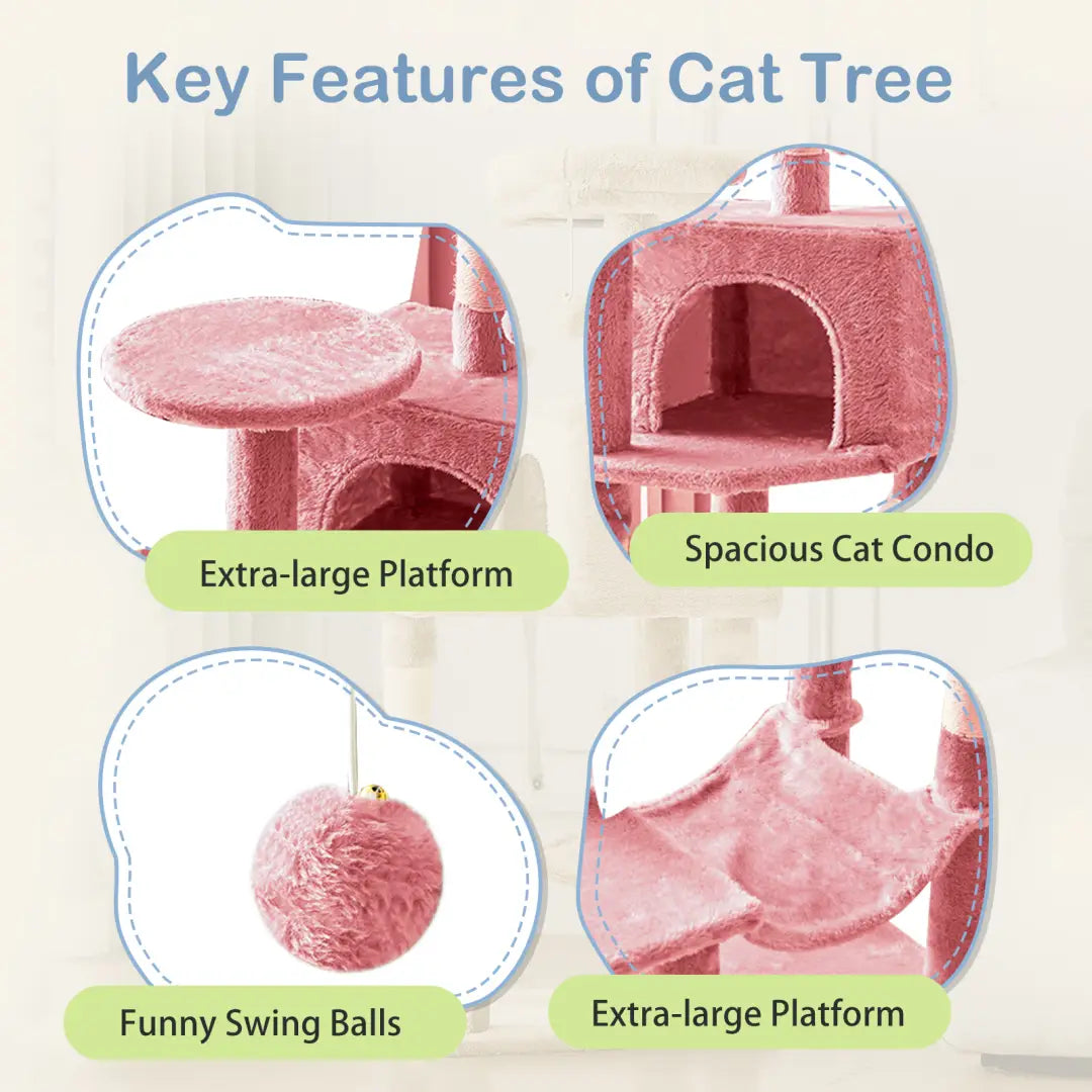 Pink plush 44 inch multi-level cat tree tower with cozy condo, sisal posts, platforms, and hanging swing balls for cat climbing and playing.