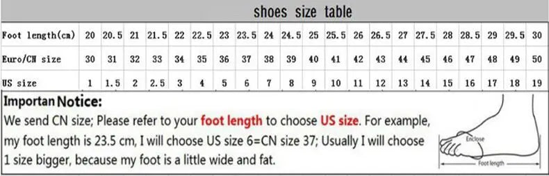 Tabelle zur Umrechnung der Schuhgröße mit Längenmessungen des Fußes und US-EURO-CN-Größenangaben zur Auswahl der richtigen Größe von Damen-Lederloafern mit Pferdebit, klobiger Absatz und Absatzschuhe.