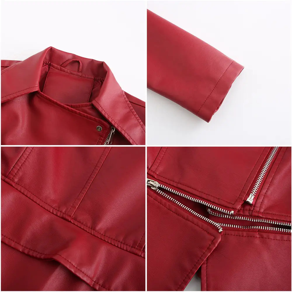 Red faux leather motorcycle jacket slim fit biker coat with silver zippers and a collar.
