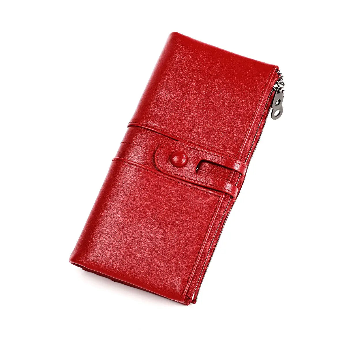Red leather first layer cowhide tri fold wallet with zipper closure and button fastening strap