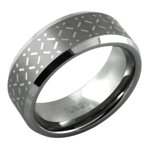 A sleek black tungsten wedding ring with green aluminum accents and a brushed metallic finish featuring an intricate geometric pattern etched into its central band.