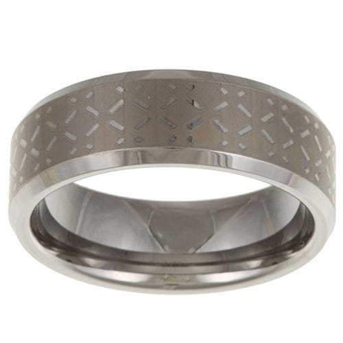A black tungsten wedding ring with green aluminum 8mm band featuring a sleek silver-toned tungsten carbide center with a textured pattern of intersecting lines.