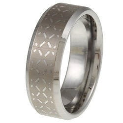 A sleek silver-toned tungsten carbide black wedding ring with green aluminum inlay 8mm featuring a brushed finish and intricate geometric pattern etched into its band.