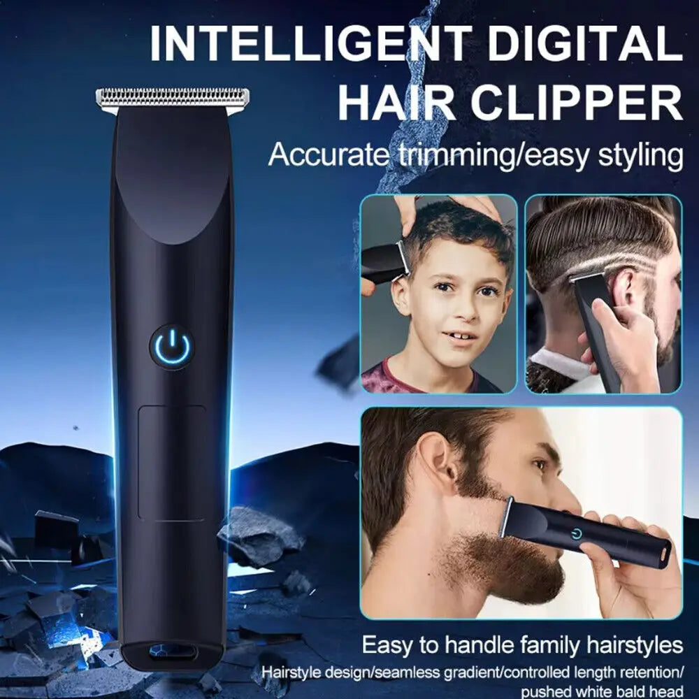 Tondeuse à cheveux électrique noire intelligente à affichage numérique, au design ergonomique élégant, avec bouton d’alimentation à DEL bleue pour un rasage de la barbe sans fil