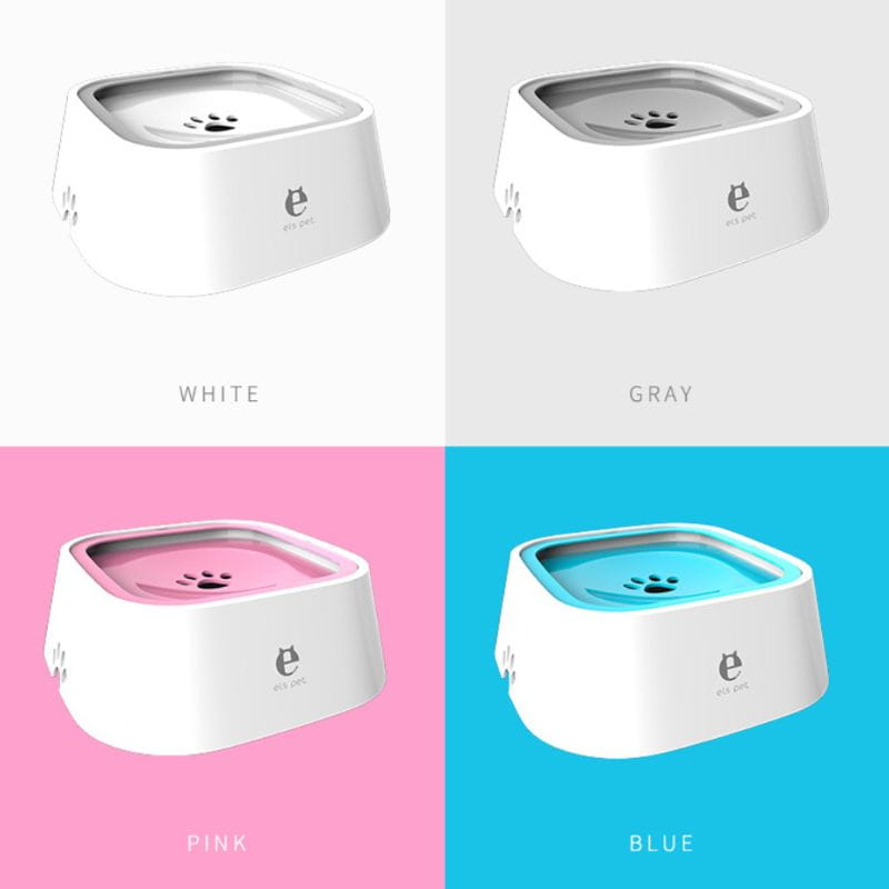 White gray pink and blue anti-splash pet floating water bowls with a 1.5l capacity feature a sleek modern design with a stainless steel inner basin and paw print detailing.