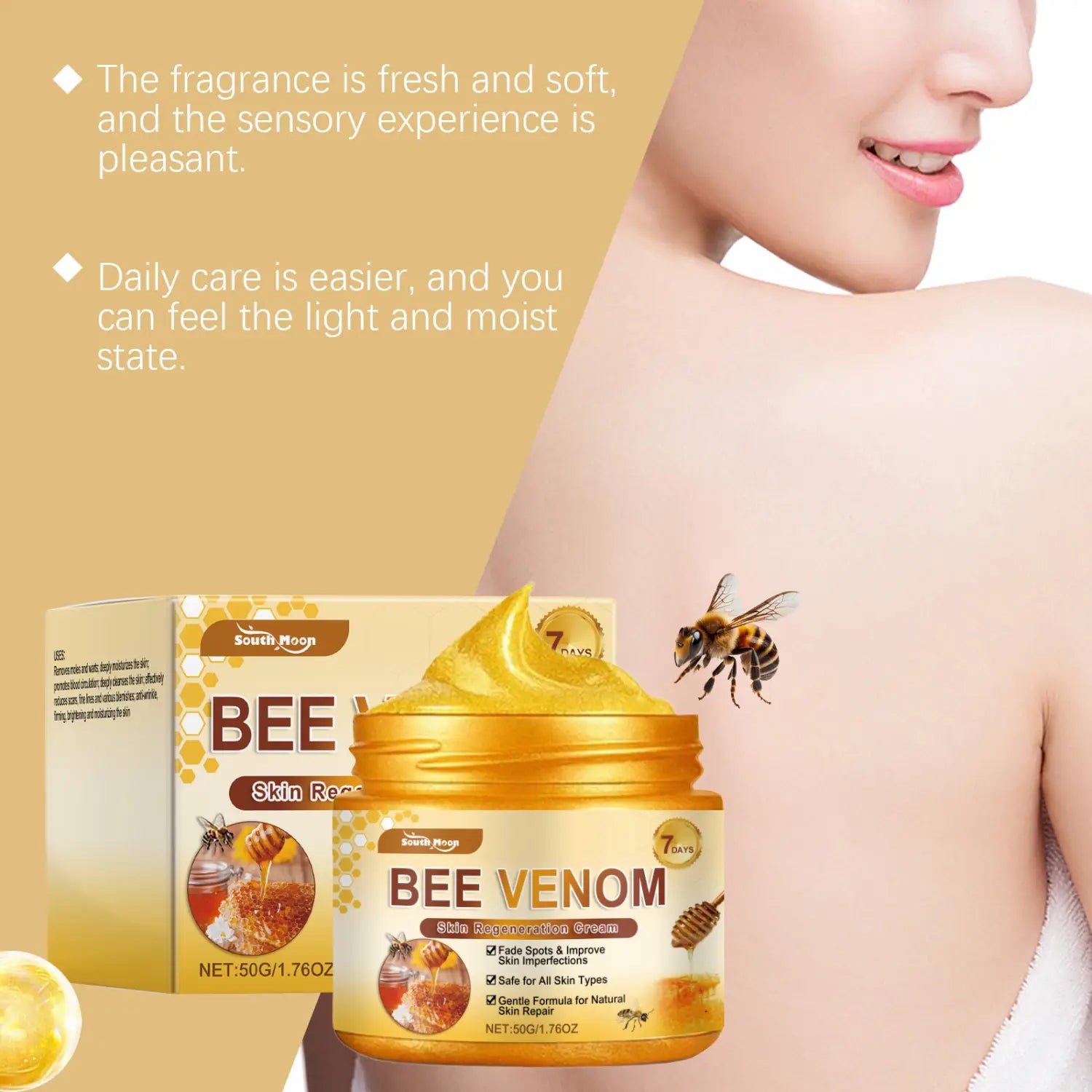 Gold-colored jar and matching box of South Moon bee venom skin regeneration cream for neck and face featuring honeycomb and bee imagery.