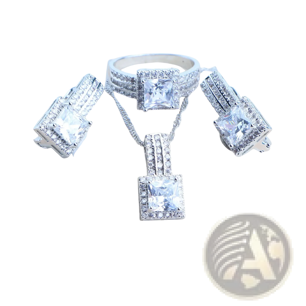 925 silver bridal crystal jewelry set in silver tone featuring square-cut clear stones and pave-set crystals