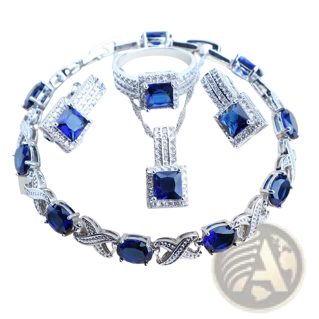 A 925 silver bridal crystal jewelry set with sparkling silver tones and deep blue square and oval-cut stones