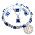 A 925 silver bridal crystal jewelry set with sparkling silver tones and deep blue square and oval-cut stones