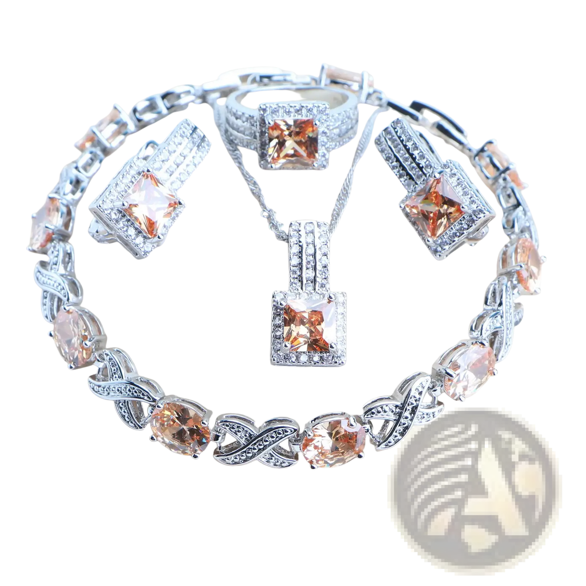 Silver-toned 925 silver bridal crystal jewelry set with matching bracelet necklace ring and earrings featuring amber stones and clear crystals