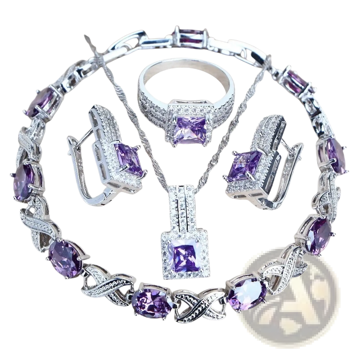 Elegant 925 silver bridal jewelry set featuring vibrant purple gemstones and sparkling clear crystals