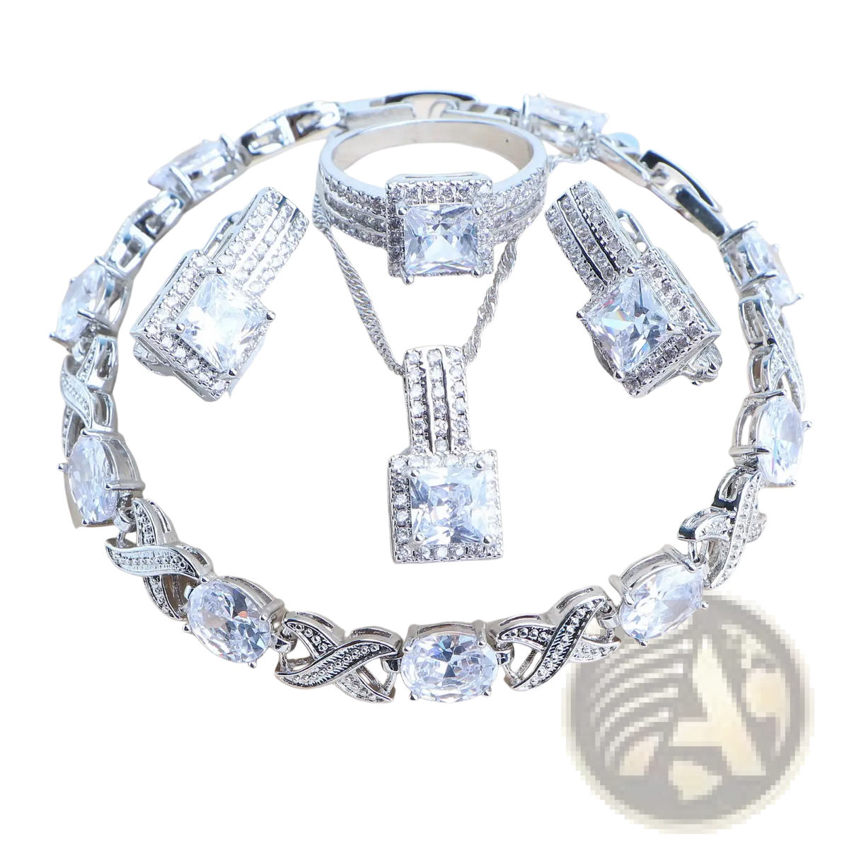 925 silver bridal crystal jewelry set in silver tone featuring bracelet ring necklace with pendant and earrings with clear stones