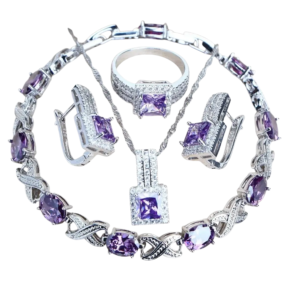 Elegant 925 silver bridal jewelry set featuring vibrant purple gemstones and sparkling clear crystals