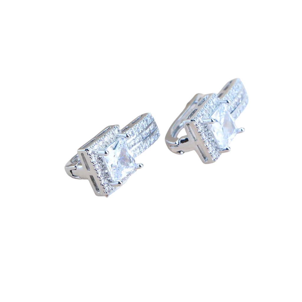 A pair of elegant 925 silver bridal hoop earrings with a central princess-cut clear stone and surrounding halo crystals