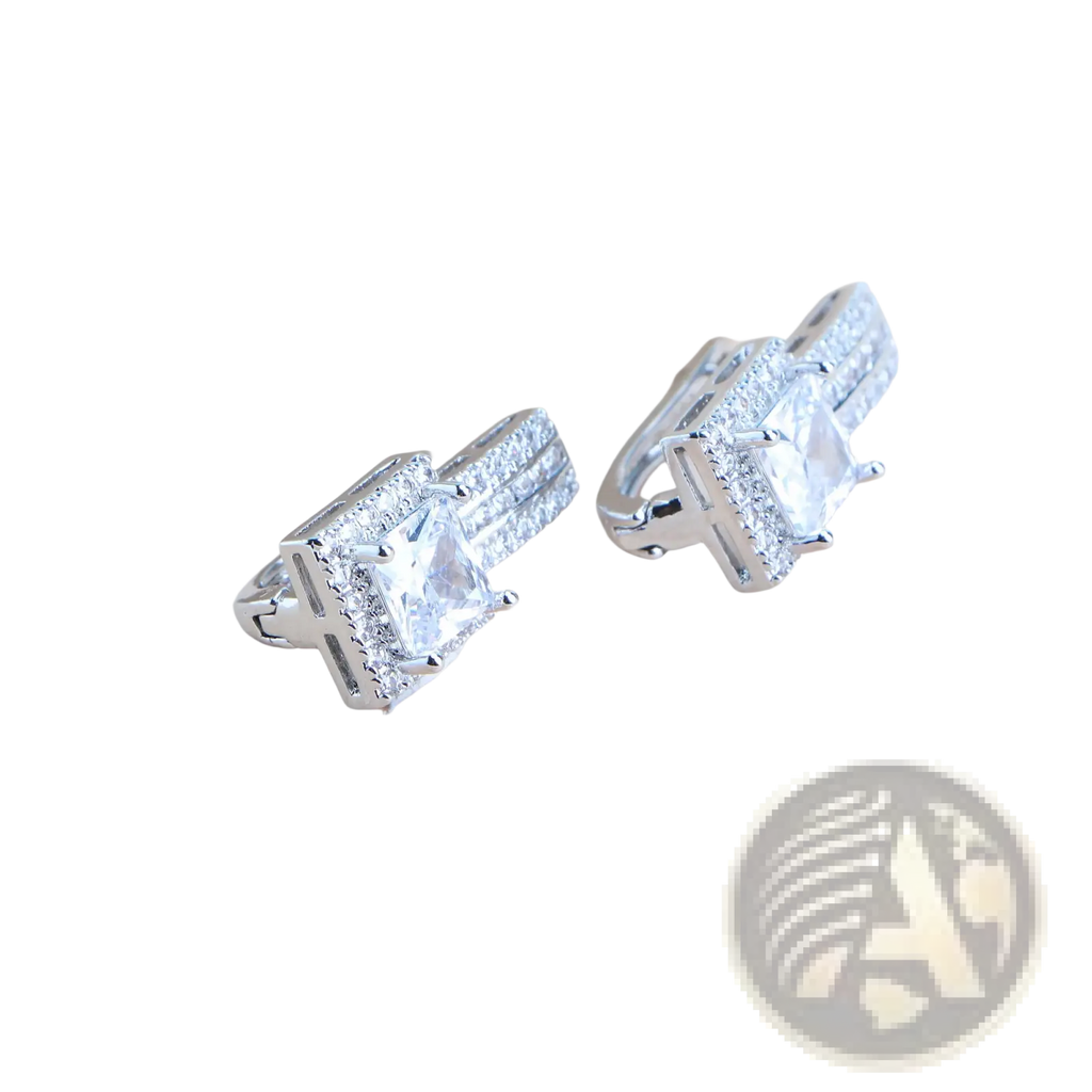 A pair of elegant 925 silver bridal hoop earrings with a central princess-cut clear stone and surrounding halo crystals
