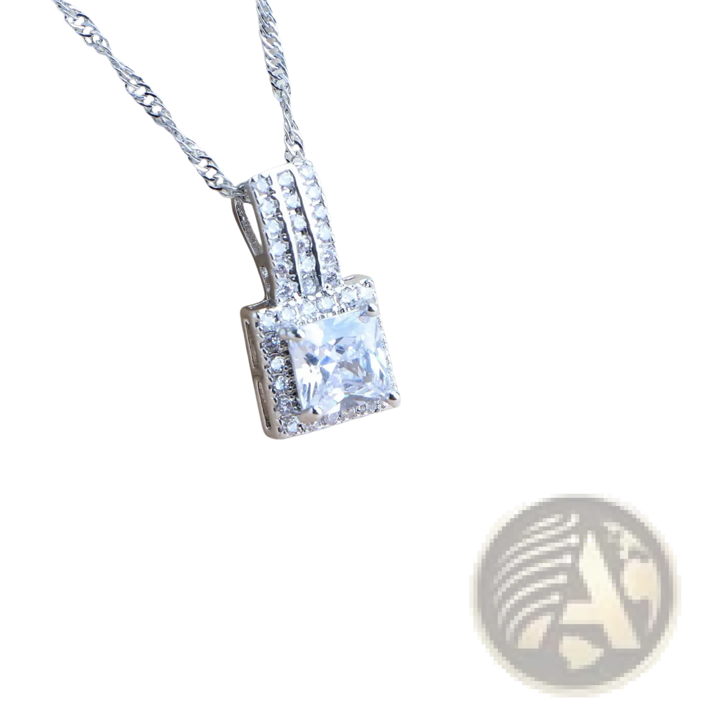 A sparkling square-cut crystal pendant set in 925 silver sterling with diamond accents for bridal jewelry