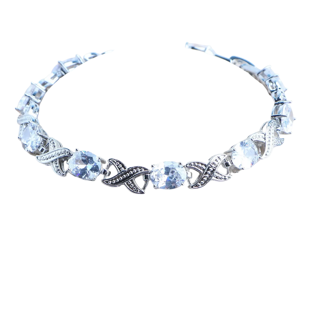 Silver tennis bracelet featuring clear round-cut crystals in an elegant x-shaped design 925 silver bridal jewelry set