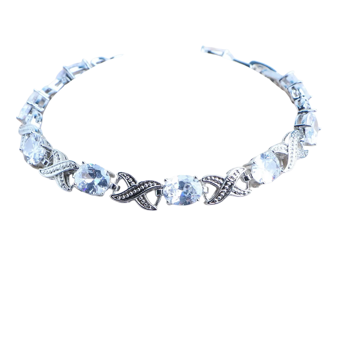 Silver tennis bracelet featuring clear round-cut crystals in an elegant x-shaped design 925 silver bridal jewelry set