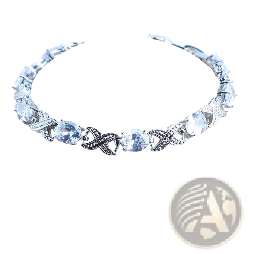 Silver tennis bracelet featuring clear round-cut crystals in an elegant x-shaped design 925 silver bridal jewelry set