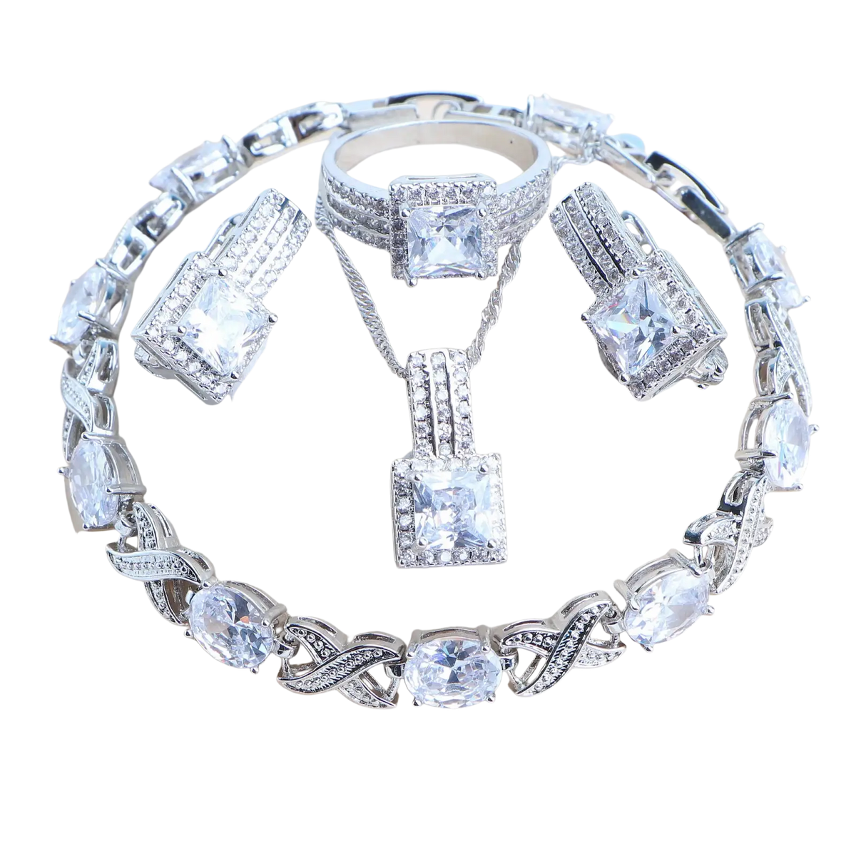 925 silver bridal crystal jewelry set in silver tone featuring bracelet ring necklace with pendant and earrings with clear stones