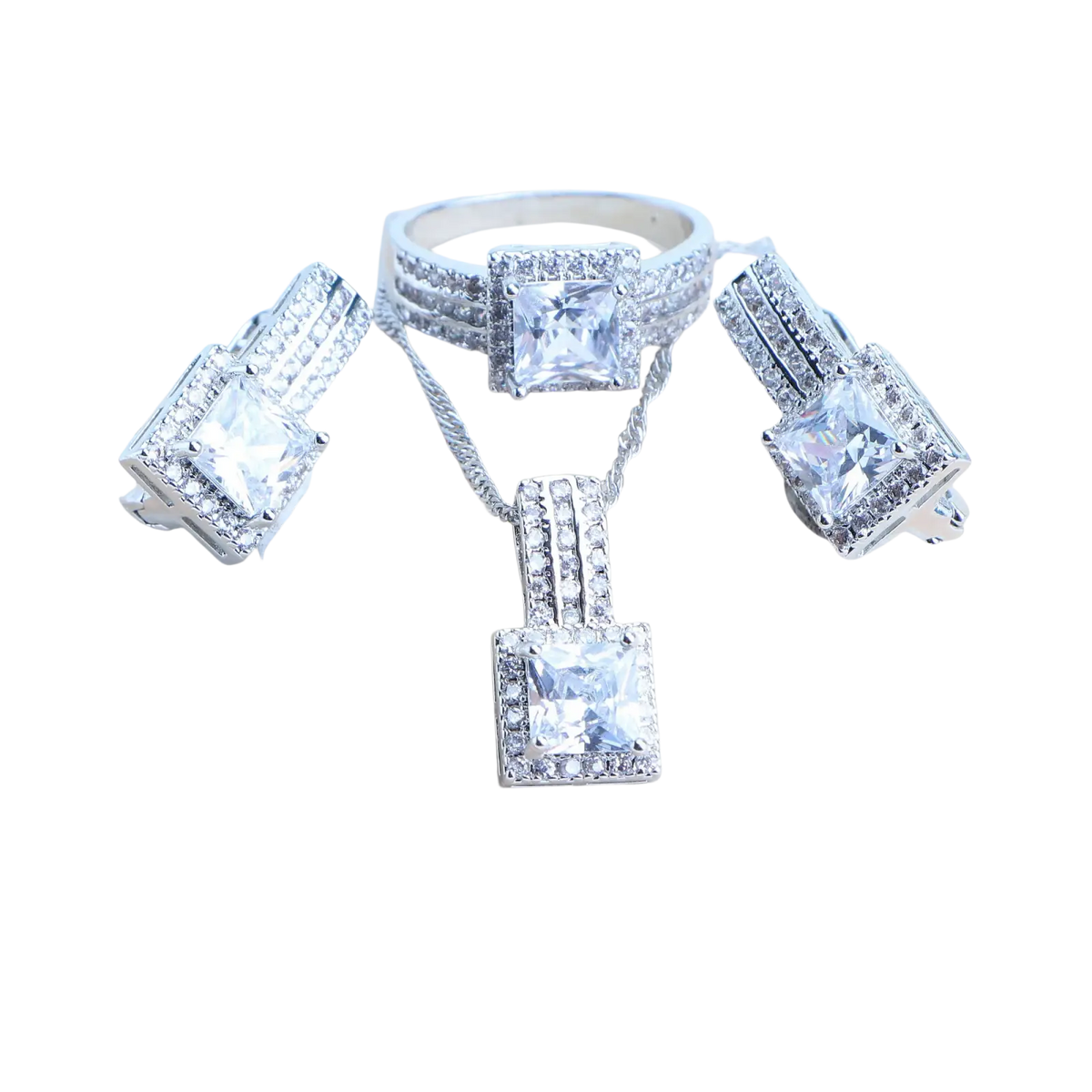925 silver bridal crystal jewelry set in silver tone featuring square-cut clear stones and pave-set crystals
