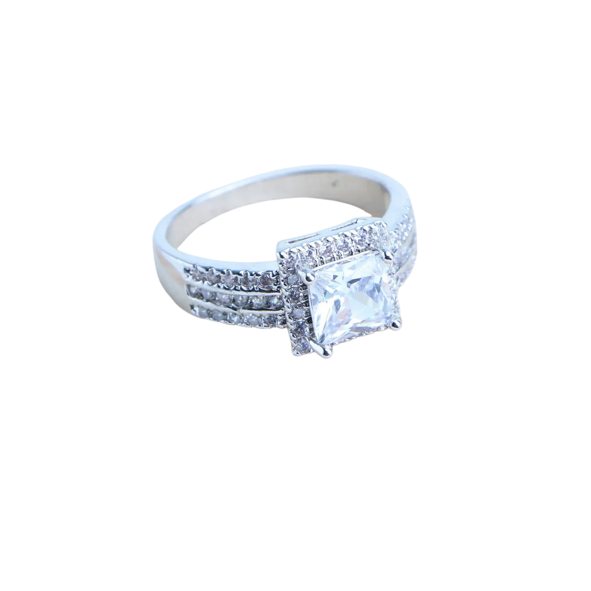 925 silver bridal crystal engagement ring with a square-cut center stone and pave-set diamond halo on band