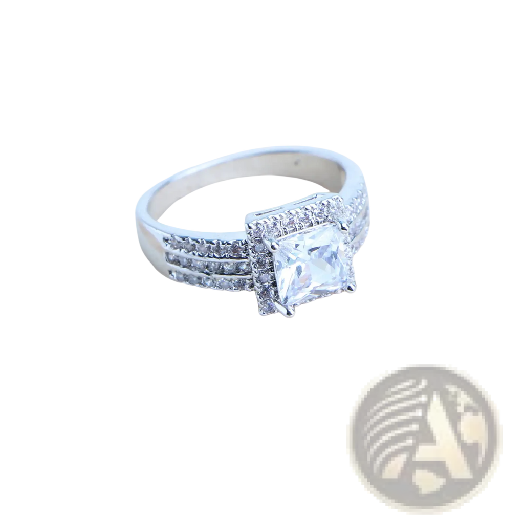 925 silver bridal crystal engagement ring with a square-cut center stone and pave-set diamond halo on band
