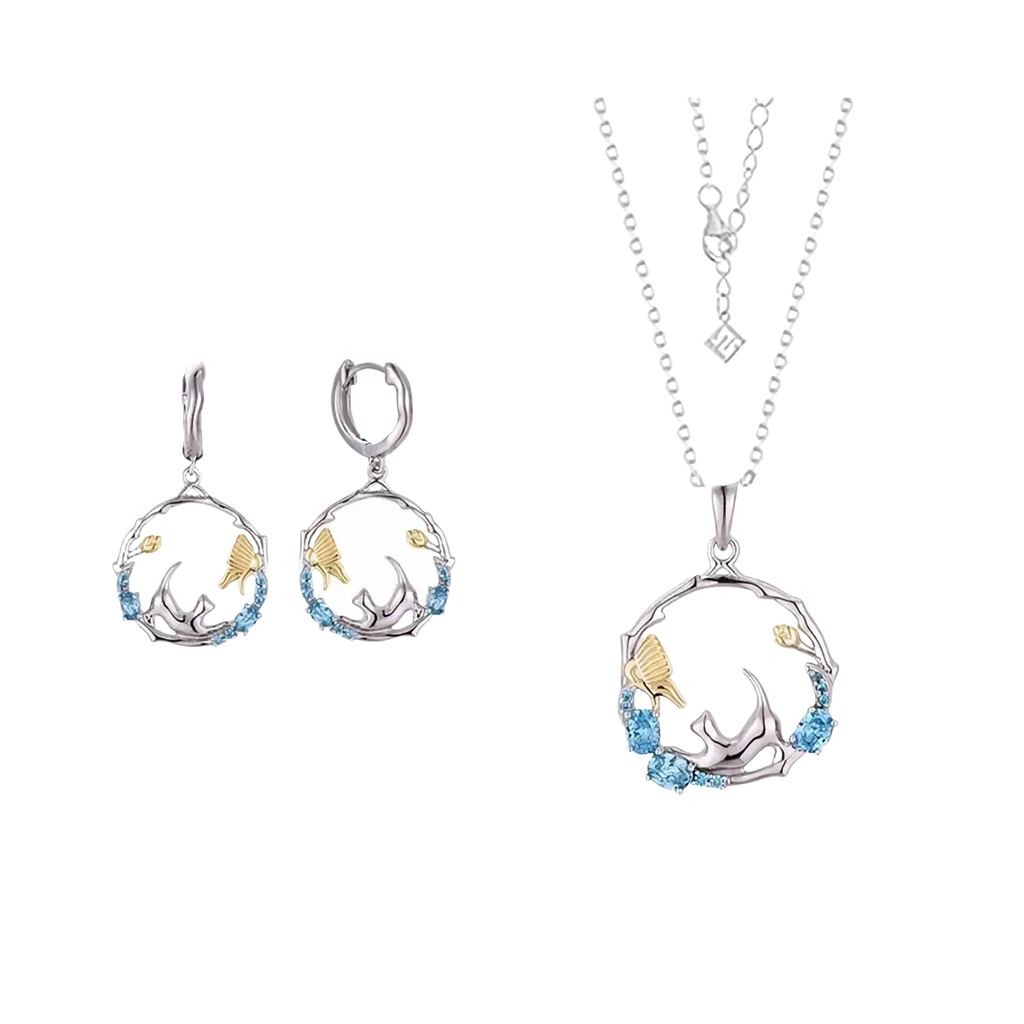 Silver and gold fish-themed pendant necklace with blue gemstones in circular design from 925 silver cat zirconia set