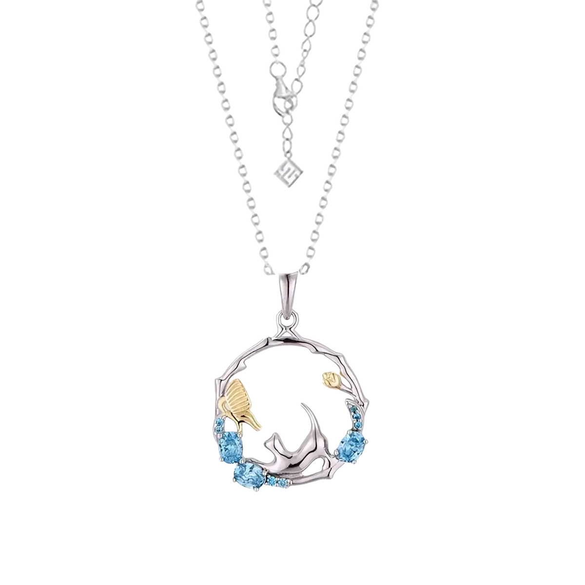 925 silver cat zirconia necklace pendant with silver and gold tones and blue gemstones in circular design edge