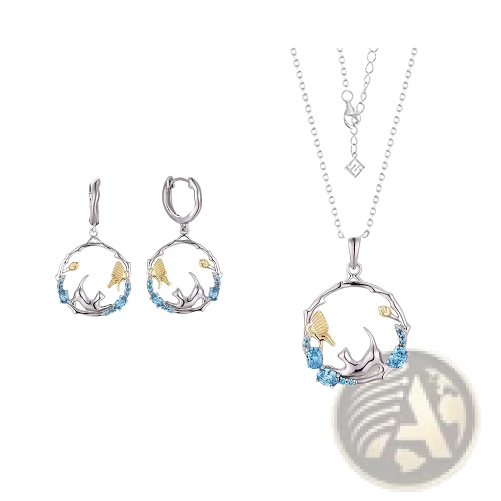 Silver and gold fish-themed pendant necklace with blue gemstones in circular design from 925 silver cat zirconia set