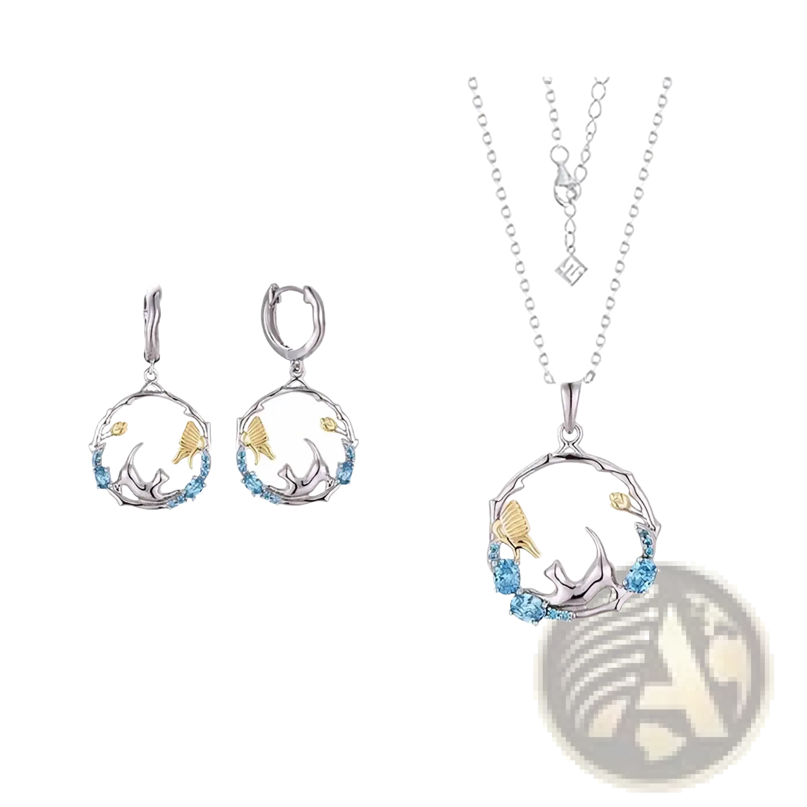 Silver and gold fish-themed pendant necklace with blue gemstones in circular design from 925 silver cat zirconia set