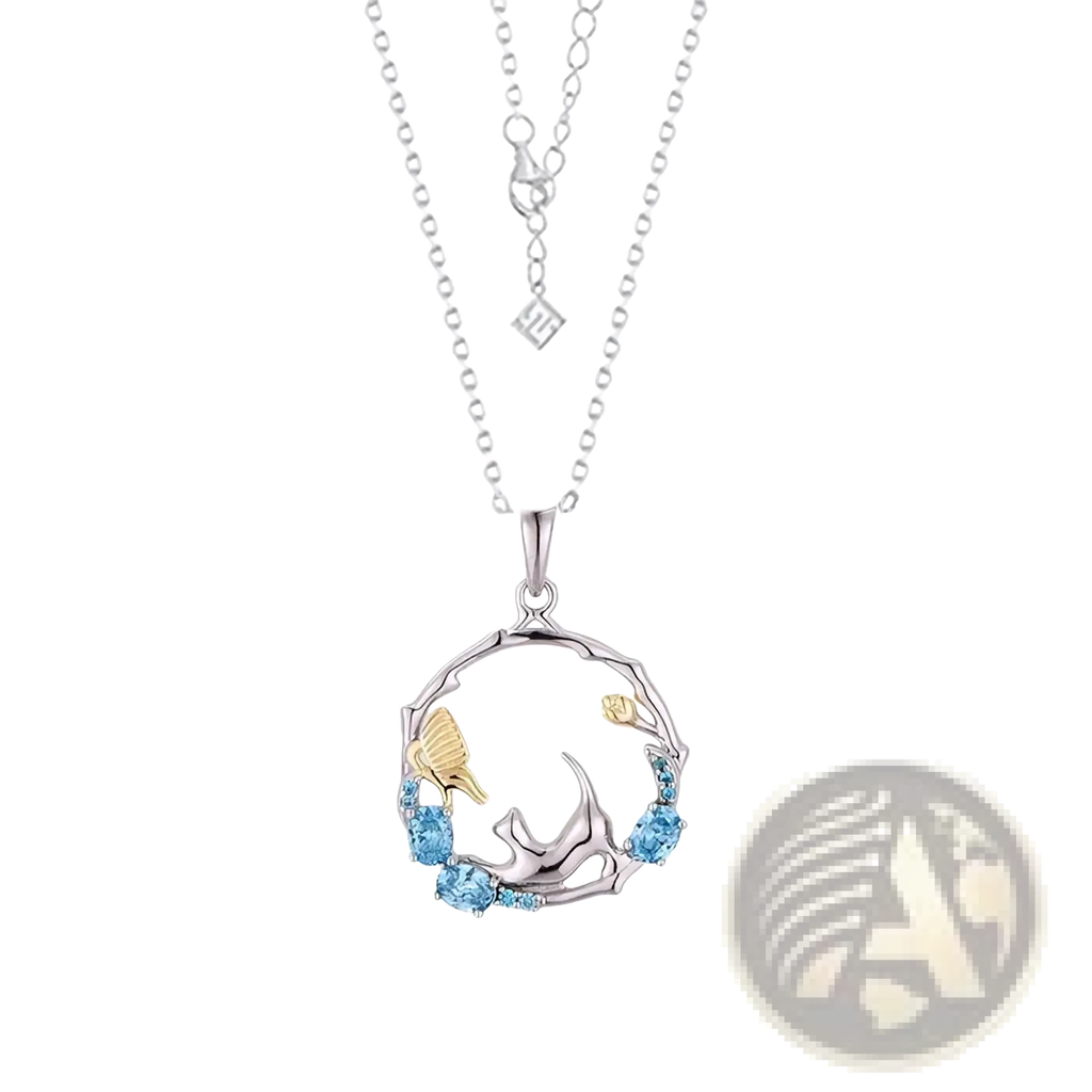 925 silver cat zirconia necklace pendant with silver and gold tones and blue gemstones in circular design edge