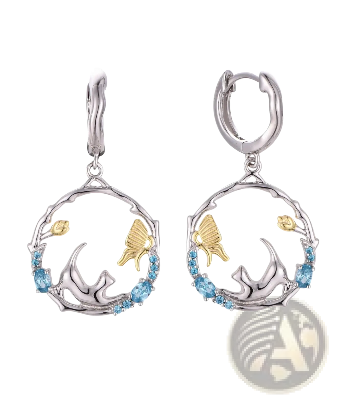 Two-tone silver and gold hoop earrings with butterfly and floral designs accented by blue gemstones from 925 silver cat zirconia jewelry set