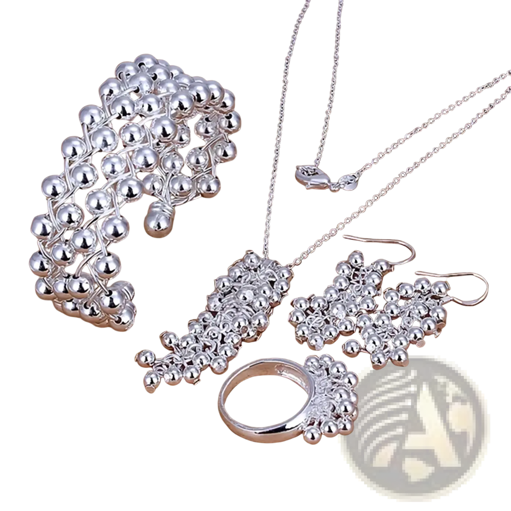 Silver grape bead jewelry set featuring bracelet necklace earrings and ring with intricate 925 silver wirework design