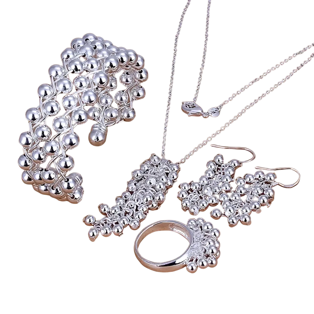 Silver grape bead jewelry set featuring bracelet necklace earrings and ring with intricate 925 silver wirework design