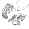 Silver grape bead jewelry set featuring bracelet necklace earrings and ring with intricate 925 silver wirework design