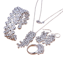 Silver grape bead jewelry set featuring bracelet necklace earrings and ring with intricate 925 silver wirework design