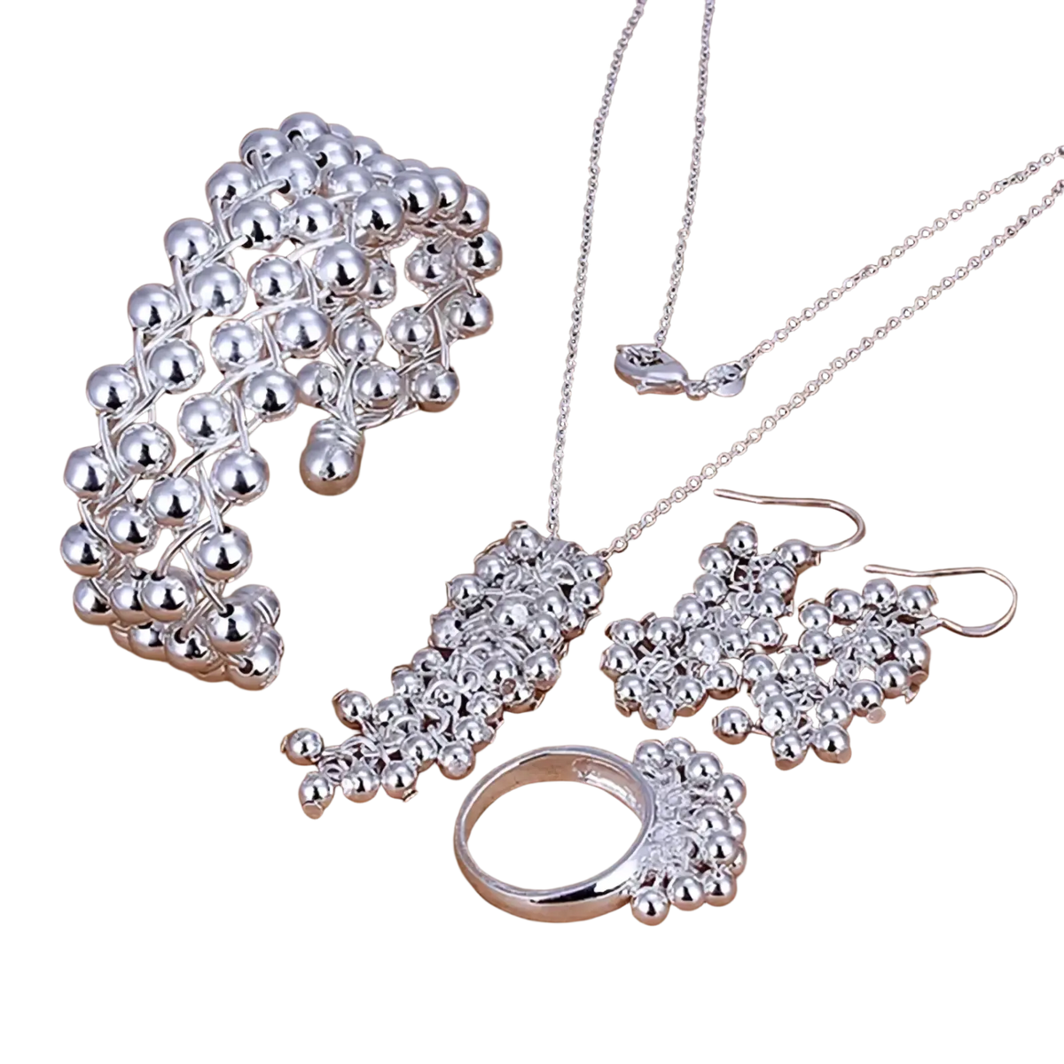Silver grape bead jewelry set featuring bracelet necklace earrings and ring with intricate 925 silver wirework design