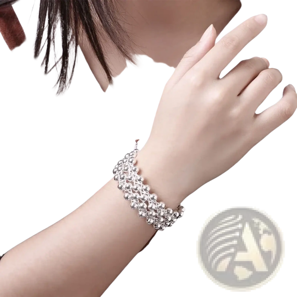 925 silver grape bead jewelry set featuring a silver beaded bracelet with a layered intricate design
