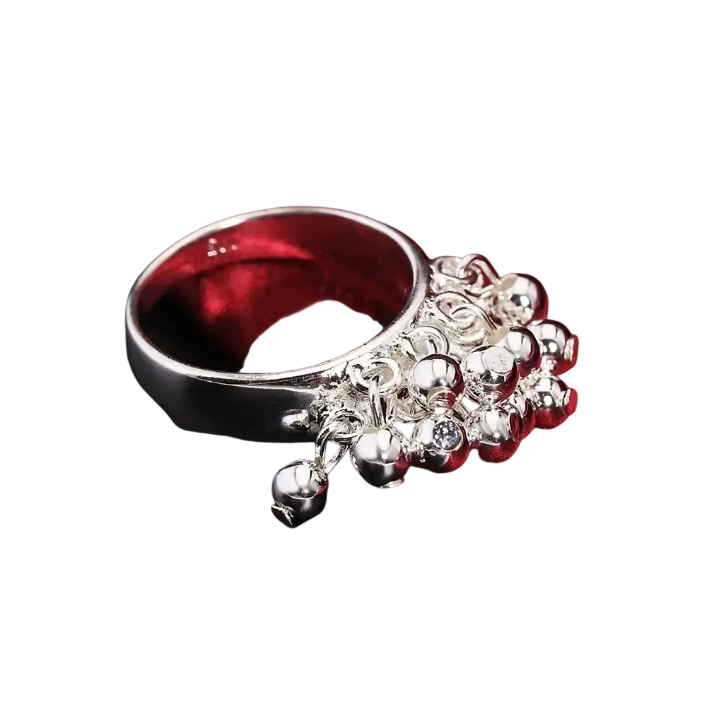 Silver bell charm ring with polished band and dangling spherical bells from 925 silver grape bead jewelry set