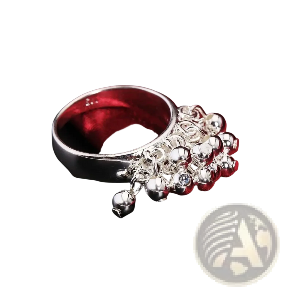 Silver bell charm ring with polished band and dangling spherical bells from 925 silver grape bead jewelry set