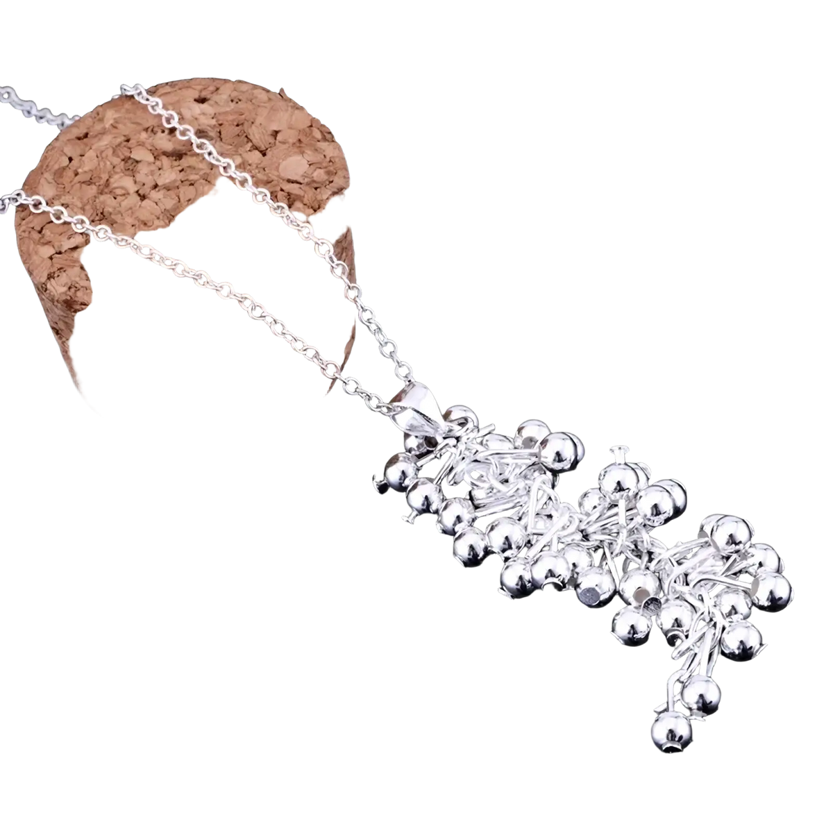 Silver chain necklace with cascading cluster of shiny metallic beads from 925 silver grape bead jewelry set