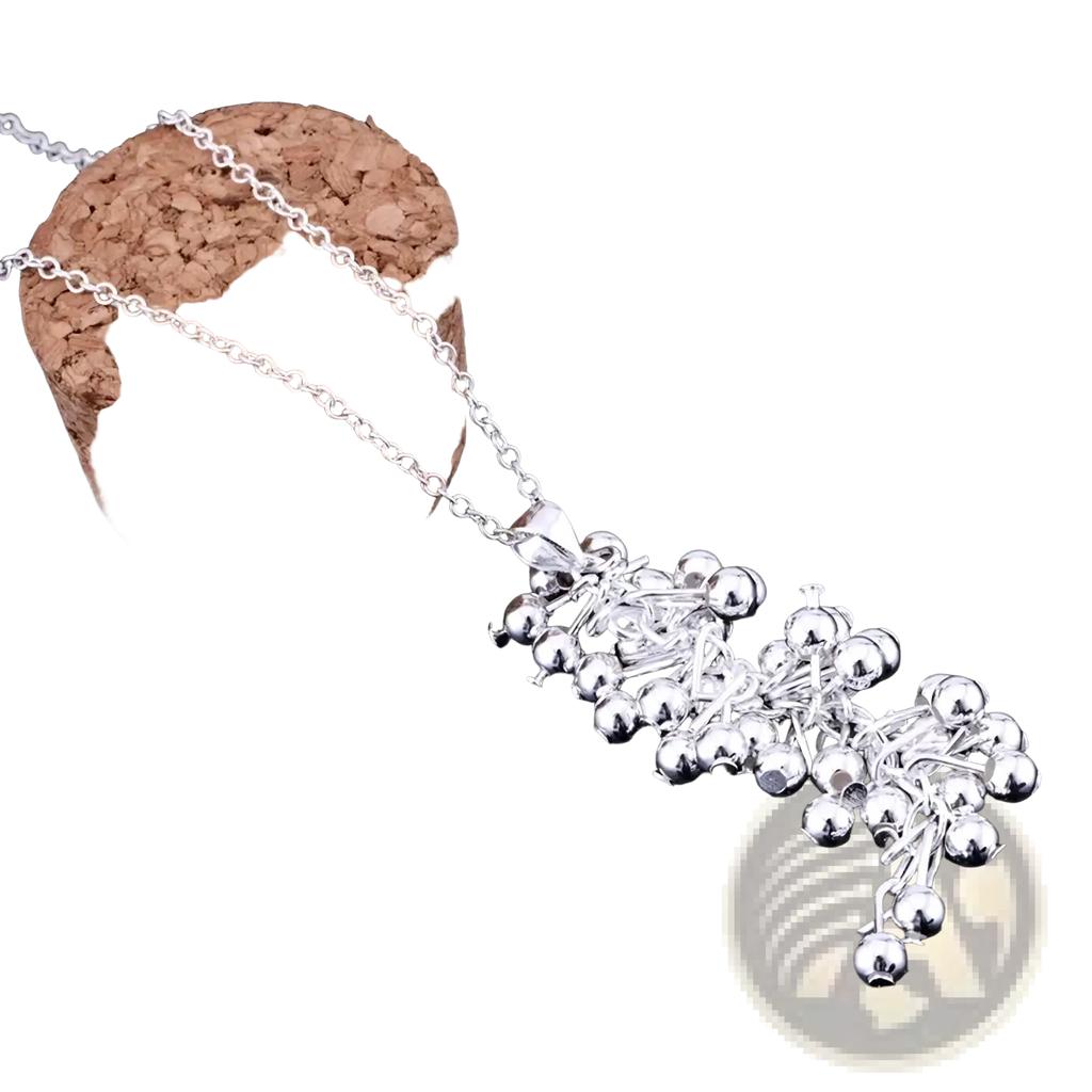 Silver chain necklace with cascading cluster of shiny metallic beads from 925 silver grape bead jewelry set