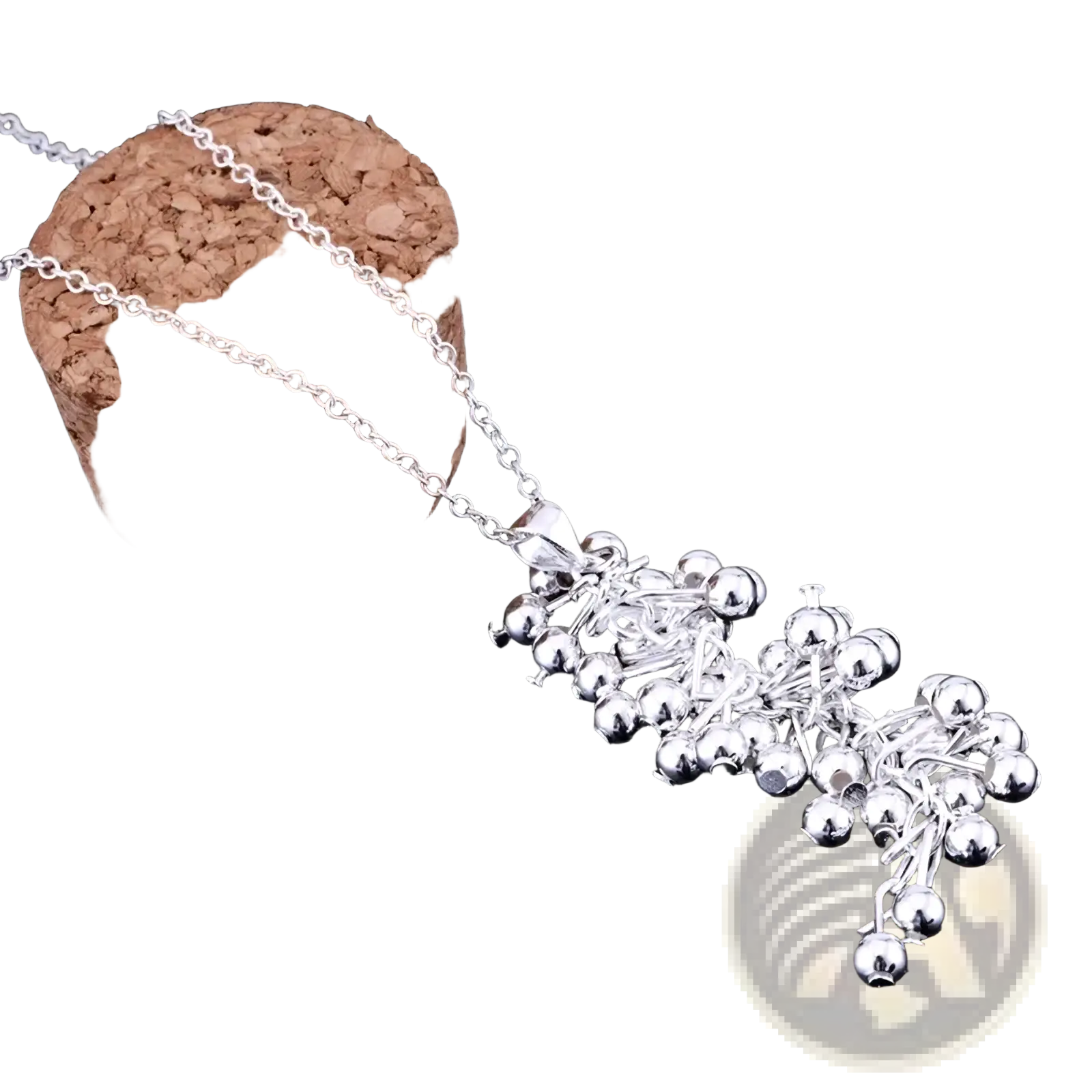 Silver chain necklace with cascading cluster of shiny metallic beads from 925 silver grape bead jewelry set